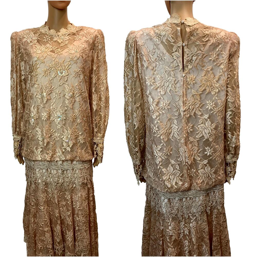 Vintage 80s Lace Bridal Dress Champagne Romantic Victorian Drop Waist - Picture 12 of 14